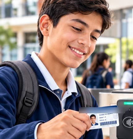 Alumno pasando su credencial en el checador de la escuela
